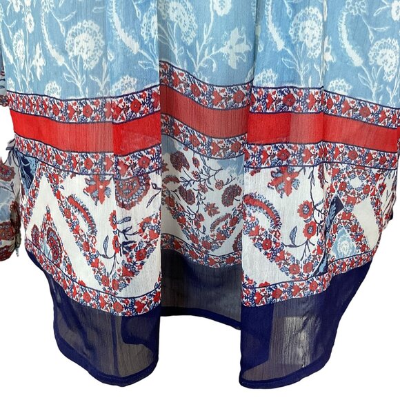 Daniel Rainn Gleeson Tab Sleeve Pleated Front Blue Red Floral Popover Blouse LG - Picture 5 of 13